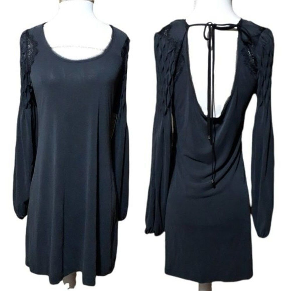 Free People Jessie's Peasant Sleeve Women's Mini Dress Black Honeycomb Detail Sz - Picture 2 of 11